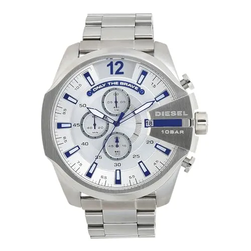 Diesel Reloj Mega Chief para Hombre, Movimiento cronógrafo con correa de acero inoxidable, Tono plata y azul, 51 mm