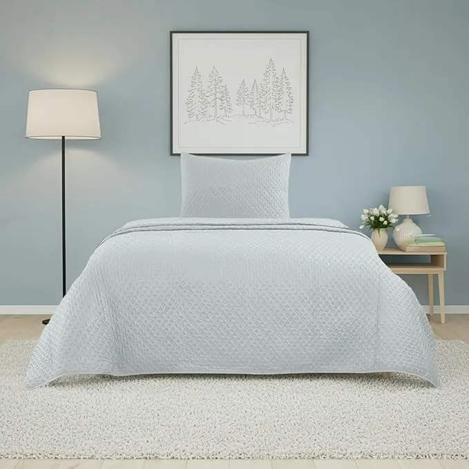 DALINA - Colcha Bouti para Cama 90, Cubre Cama Fina 180x260cm Incluye 1 Funda de Cojín, Diseño de círculo Estampado Suave Ideal para Primavera, Verano y Entretiempo, Gris Claro