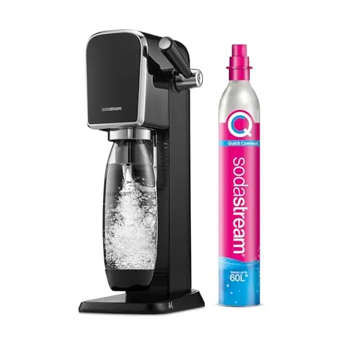 El gasificador de agua Art SodaStream incluye un cilindro de CO₂ para preparar 60 litros de agua con gas y una botella de 1 litro apta para el lavavajillas,reduce los residuos de plástico,color negro