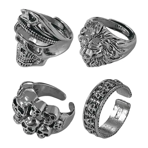 NYGGTYK Set de 4 Anillos Estilo Rock Punk Vintage - Metal Ajustables Personalizados para Hombre - Accesorios