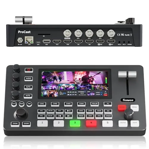 Tenveo Mezclador de Video, Conmutador de Video 4K 60FPS para Transmisión en Vivo, Pantalla FHD de 5.5", 4 Entradas SDI y 4 Entradas HDMI, Salida 1080P 60FPS, Grabación USB