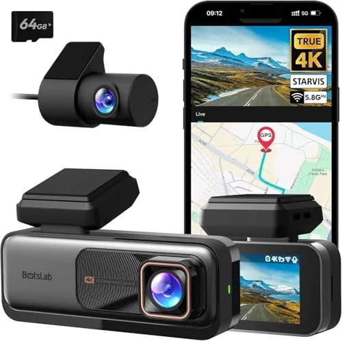 BOTSLAB 4K Dash CAM Delantera y Trasera, Visión Nocturna, Cámara Trasera Giratoria 360°, Tarjeta SD 64 GB, Pantalla IPS 2.45», Gran Angular 170°, GPS y WiFi Integrados, Modo Aparcamiento 24/7