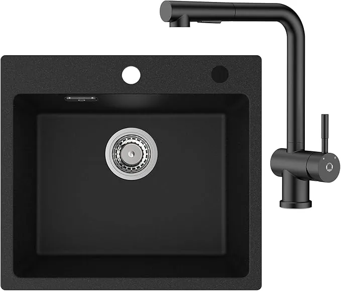 CECIPA Fregadero de cocina con grifo, 50 x 45 cm, de granito, con juego de grifería,Lavabo Negro + Grifo Mezclador Negro B