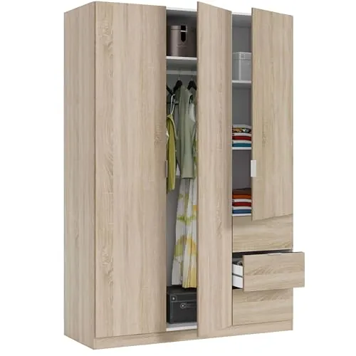 Habitdesign Armario Ropero 3 Puertas 3 Cajones, Armario Alto Dormitorio, 200x135x52 (AltoxAnchoxFondo - en cm), Color Roble Canadian