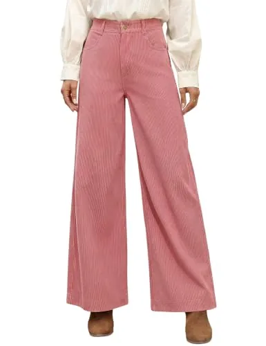 Fashora Pantalón de Pana Mujer Anchos Casual Vintage (Rosa, L)