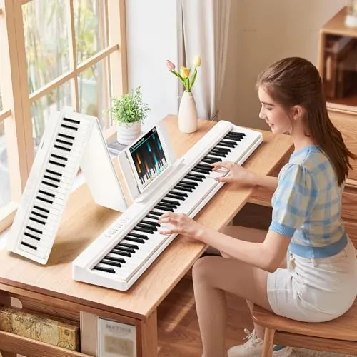 TERENCE Piano Plegable de 88 Teclas, con Teclado de Fuerza, Piano Plegable con Grabación y Soporte Bluetooth, Pedal y Altavoz de 4 Unidades, Preferido para Principiantes,blanco