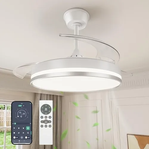 VOLISUN Ventilador de Techo con Luz aspas Retráctiles, Ultra-Silencioso Motor DC, CCT 3000-4000-6000K, Mando a Distancia - 50W Lámpara de Techo con Ventilador Moderno（(Blanco, 106cm)