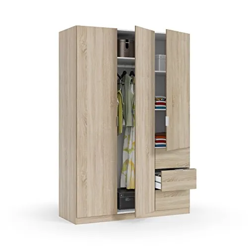 Habitdesign Armario Ropero 3 Puertas 3 Cajones, Armario Alto Dormitorio, 200x135x52 (AltoxAnchoxFondo - en cm), Color Roble Canadian
