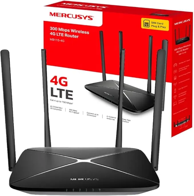 Mercusys MB115-4G 300 Mbps Wireless N 4G LTE Router, WiFi 300 Mbps + SIM Instantáneo + 4 Antenas Potentes, Cobertura Máxima para 32 Dispositivos, Modo Dual WiFi/Cable
