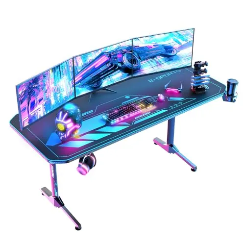 Himimi Mesa Gaming,Escritorio Gaming de Ergonómica, Escritorio Gamer de Fibra de Carbono, Escritorio de Juego con Alfombrilla de Ratón, Portavasos y Gancho para Auriculares,Negro （160x75x75 cm ）