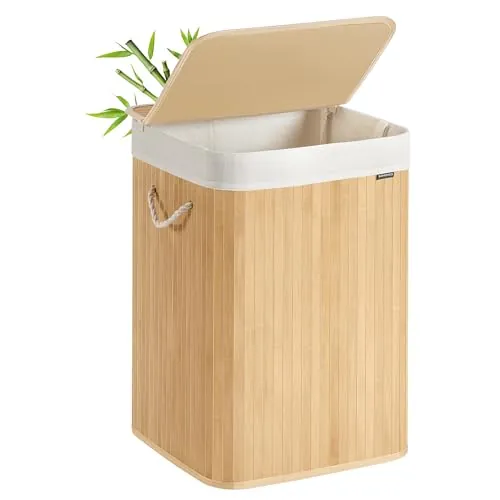 SONGMICS Cesto Ropa Sucia, 95 L, Bambú, con Tapa, Plegable