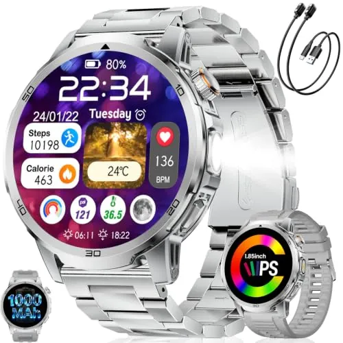 1,85'' Reloj Inteligente Hombre- Llamadas Bluetooth, 1000mAh, LED Linterna | 100+ Modos Deportivos, Monitor de Sueño, SpO2, Frecuencia Cardíaca, IP68 Impermeable, Smartwatch Hombre para Android iOS