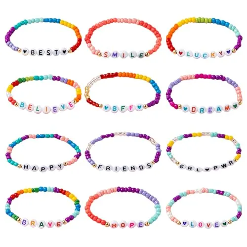 Steemjoey - Lote de 12 pulseras para niños, perlas de princesa y elasticidad ajustables, conjuntos de joyas, pulsera de amistad, regalos de cumpleaños para niñas
