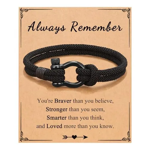 KOSLEOW Pulsera Niño Regalo Cumpleaños 12 13 16 18 Años, Pulsera Tejida a Mano Negra con Tarjeta Inspiradora Siempre Recuerda para Hijos Adolescentes, Regalo 18 Años Chico, Padre e Hijo