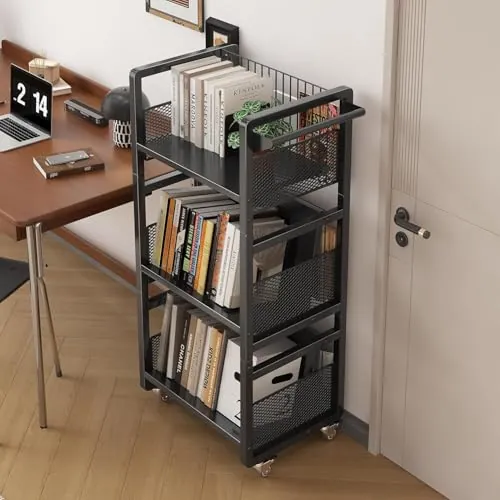 Librería con Ruedas 3 Niveles, Estantería Metálica Móvil, Negro