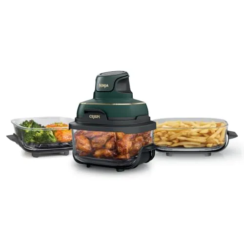 Ninja CRISPi Freidora de aire portátil 4 en 1, 3,8L/ 2,3L/ 1,4L : Freír con aire, Asar, Mantener la temperatura, Dorar. Compacta, 6 raciones, 3 recipientes de cristal y tapas, 1700 W Verde FN103EUGN