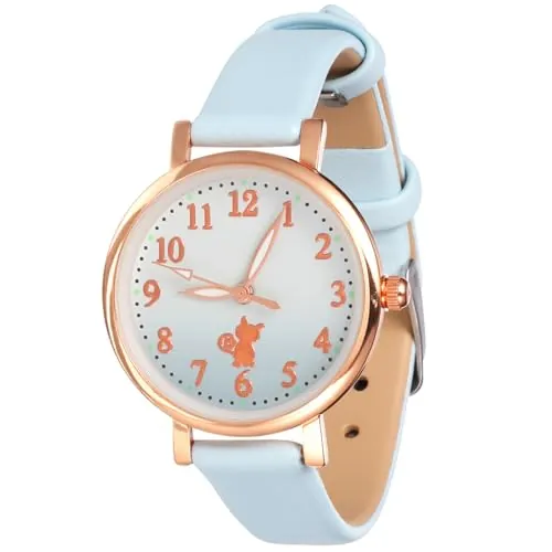 UKCOCO Relojes para niñas: Relojes de Pulsera de Cuarzo analógicos Relojes Lindos con patrón de Gato y Correa de Cuero para niñas de 5 a 12 años, Azul, 21.5X3CM, Correa