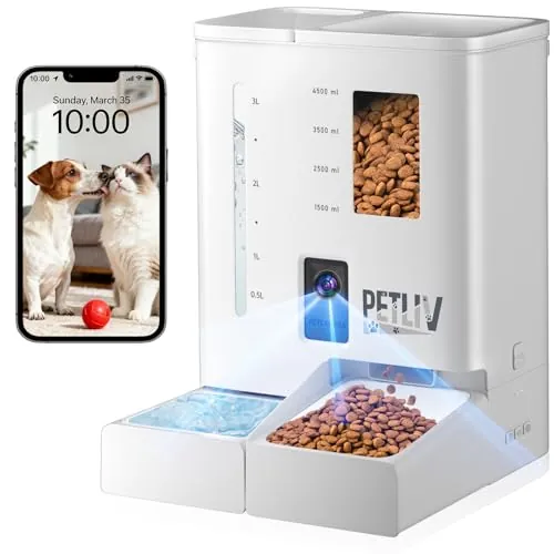 Comedero automático para Gatos - PETLIV con 2 Cuencos, dispensador de Comida para Gatos de 5 litros con Control por aplicación, WiFi 5G/2.4G, Doble Fuente de alimentación, Audio bidireccional