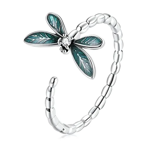 NewL Anillo ajustable de libélula de plata de ley 925, anillo abierto de animales, bonito anillo de libélula para mujeres, adolescentes y niñas, Plata de ley