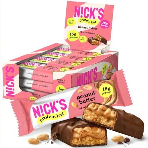 NICKS Barritas de Proteínas Crema de cacahuete, baja en carbohidratos, 15g de proteínas, 214 calorías, low carb, ceto barras proteicas, sin azúcar añadido, sin gluten (12 keto protein bars x 50g)