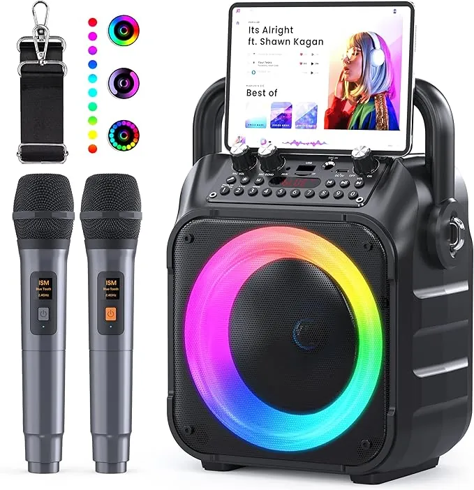 Karaoke 2 Microfonos Inalambricos Ankuka [Versión Actualizada] Altavoz con Microfono de 12W con Subwoofer de 6,5", Autonomía de 8H, Soporta TV/Smartphone/TWS/AUX/USB, Regalo para Niños y Adultos