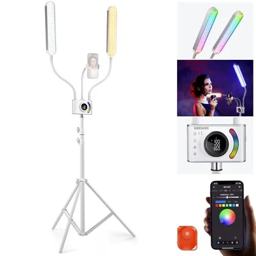 NEEWER Kit Luz Esteticista RGB Actualizado con App Control/Barra Táctil, Iluminación Video LED Doble Brazo con Soporte Móvil/Bolsa, 2500K-10000K Lámpara para Maquillaje Pestañas Cejas Tatuaje, BH40C