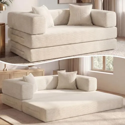 Vipbear Sofá Cama Pana 160×90×70 cm, sofá de Suelo transformable 5 en 1, Espuma de Alta Densidad, Apto para Mascotas y ergonómico, sin Montaje, Blanco
