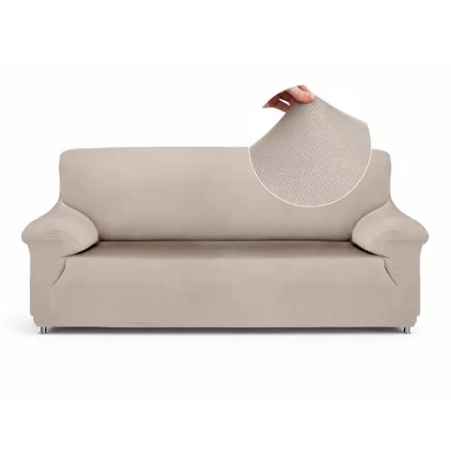 Textilhome Funda Sofá Elástica TEIDE 1 Plaza Ajustable Protector Marfil | Ajuste elástico perfecto para sofá de 1 plaza 70 a 120 cm. Incluye espumas antideslizantes para mayor fijación.