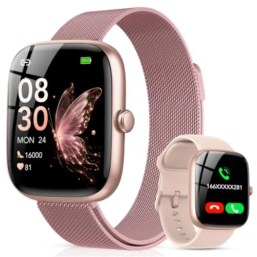 CASCHO Reloj Inteligente Mujer con Llamadas Bluetooth y Whatsapp, Smartwatch Mujer Elegante con 2 Correas, Pantalla HD 1,83", Frecuencia Cardíaca, Sueño, SpO2, 120+ Deportes, IP68, para Android iOS