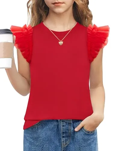 Arshiner Camiseta De Verano para Niñas Mangas de Encaje Verano Camisa Infantil de Cuello Redondo Y Manga Corta Top con Mangas Volantes 7-8 Años Rojo