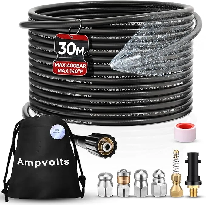 Desatascador de Tuberías a Presión - 400 Bar/5800 PSI, 5 boquillas y Adaptador Karcher Compatible con Hidrolimpiadoras Karcher K2 K3 K4 K5 K6 K7 (30M, Adaptador Karcher Estándar)