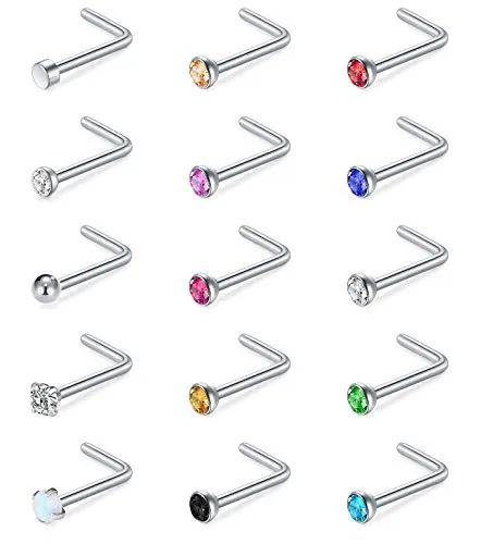 Mayhoop 15pcs 20G L Piercing de Nariz en Forma de Acero quirúrgico Piercing de Nariz Plateado con ópalo CZ Colorido para Mujeres-Hombres