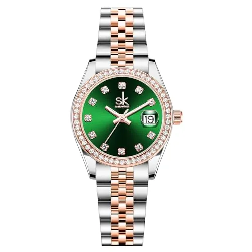 SHENGKE Las Mujeres de Cristal Acentuado con Banda de Acero de aleación sólida Reloj Elegante Vestido de Cuarzo Calendario Relojes para Mujer (Rosegold-Verde)