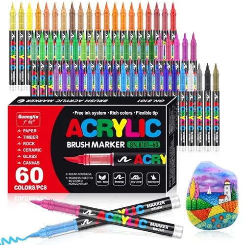 VAKKI 60 Colores Rotuladores Acrilicos, Acrylic Markers Para Colorear Adultos, Marcadores AcríLicos Para Colorear, Piedra, CaligrafíA, Madera, Lienzo, Vidrio, CeráMica
