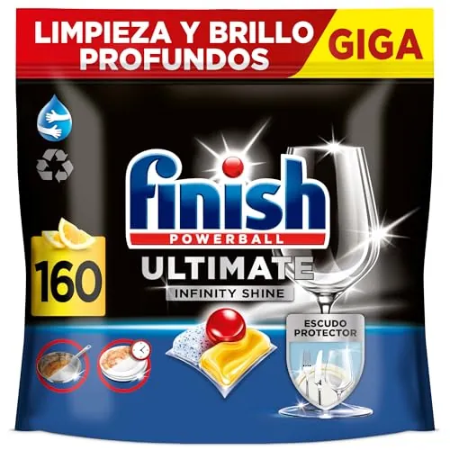 Finish Powerball Ultimate Infinity Shine, pastillas para el lavavajillas con poder quitagrasas y protección del cristal, aroma limón, 2 packs de 80, total 160 Pastillas