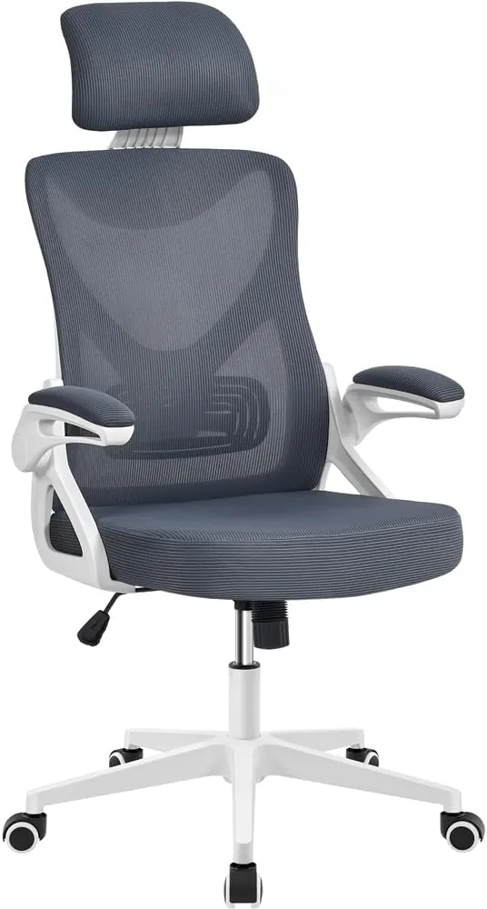 Yaheetech Silla de Oficina Ergonomica Silla Reposabrazo Ajustable Silla Oficina Trabajo con Reposacabeza Silla Giratoria Blanco Gris