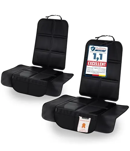 LIONSTRONG Protector Seguro para Asiento Infantil - PROTECCIÓN Extra - Extra Protege tu Coche - Fundas para sillas de Coche - ISOFIX - Negro 2 uds