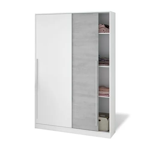 duehome | Armario de 2 Puertas Correderas, Barra de Colgar y Estantes, Armario para Dormitorio, Modelo Show, Acabado en Blanco Artik y Cemento, Medidas: 120 cm (Largo) x 200 cm (Alto) x 50 cm (Fondo)