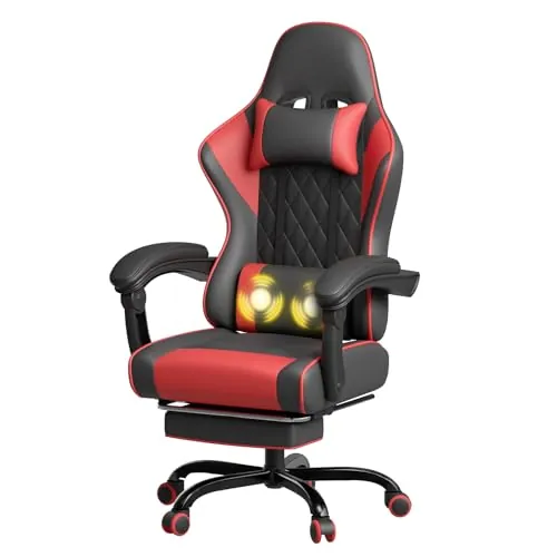 JUMMICO Silla Gaming con Masaje, Butaca Reclinable Ergonómica con Reposapiés y Reposacabezas, Silla de Ordenador y Silla de Trabajo, Soporta 150 kg, Cómoda y Elegante,Rojo