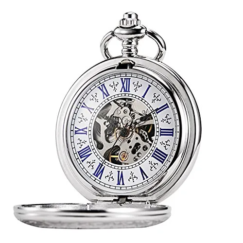 TREEWETO Reloj de bolsillo con cadena para hombre, analógico, cuerda manual antigua, esqueleto, lupa plateada, Plateado073