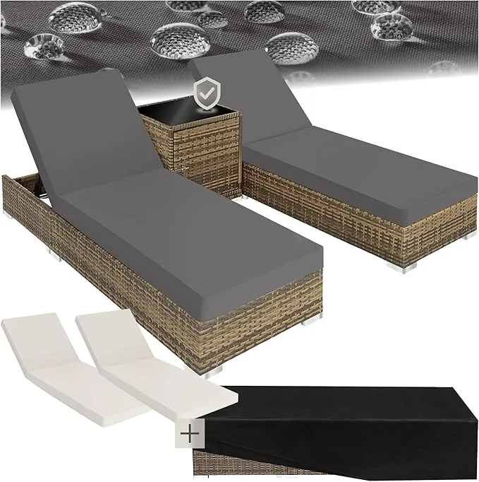tectake® Set 2 Tumbonas de Ratán y Aluminio + Mesa Jardín, Tumbonas Piscina Respaldo Regulable, Tumbonas Playa Resistente a Rayos UV, Fácil Limpieza, Fundas Intercambiables, Funda Protectora - natural