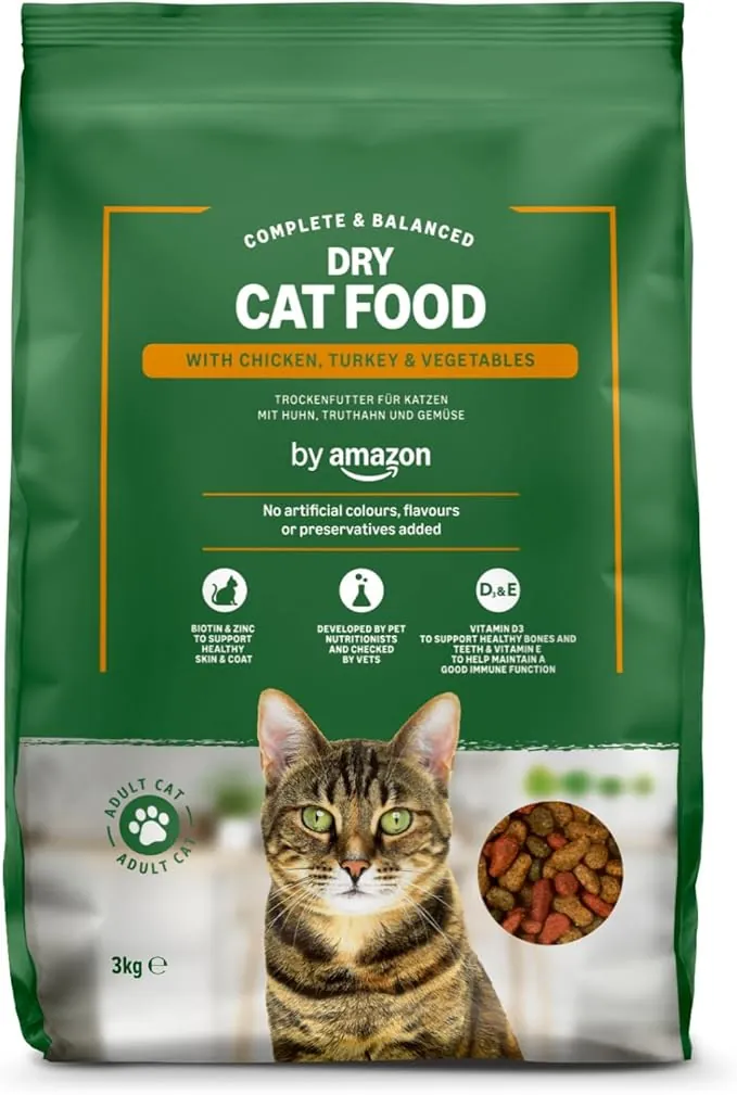 by Amazon - Alimento seco completo para gatos adultos con pollo, pavo y verduras, 1 Pack de 3 kg