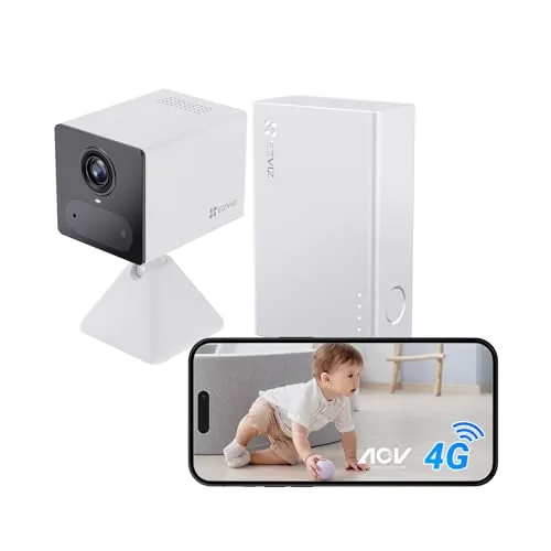 EZVIZ 4G Kit de Camara de Vigilancia Bateria 2000mAh y Power Bank de 5200mAh, 2K Camara Interior de Seguridad, Audio Bidireccional, AI Deteccion Humana, 512GB Tarjeta(No Incluido), CB2 Blanco