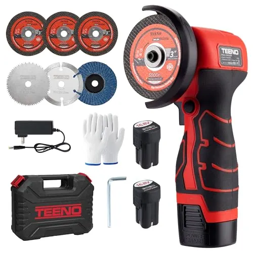 Amoladora Angular Inalámbrica TEENO 19500 RPM, Radial de Batería 76mm con 2 Baterías 2000mAh, Mini Amoladora Profesional + 6 Discos Corte, Kit Completo (Caja Plástica) - Para Esmerilar, Pulir, Cortar