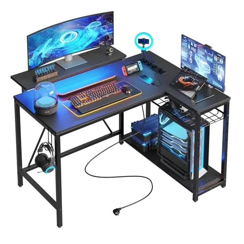 Bestier Escritorio en Forma de L con Tomas de Corriente y Luces LED, Escritorio Esquinero con Estantes, Reversible para Ordenador para el Hogar, Oficina, Dormitorio, Espacio Pequeño, 106,5 cm
