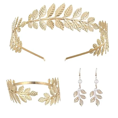 ZKSXOA Tiara de Corona de Diosa de 3 Piezas, Pendientes de Hoja de Oro Perlado, Pulseras de Hojas, Coronas Romanas adecuadas para fotografía de Viajes, Fiesta de Bodas