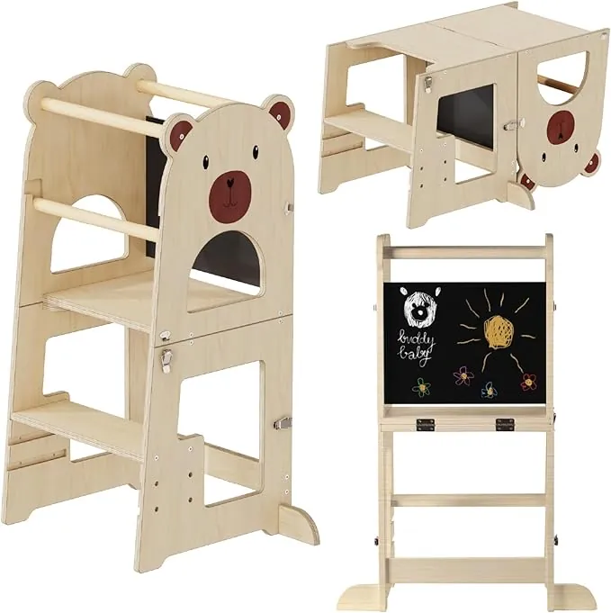 Buddy Baby Xperimenta - Torre de Aprendizaje de Madera Maciza Montessori para niños-Convertible en Escritorio Infantil y Taburete -Torre ayudante de Cocina Plegable con Barra de Seguridad