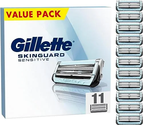 Gillette SkinGuard Sensitive - Cuchillas de afeitar para hombre, 11 cuchillas de repuesto originales para maquinilla de afeitar húmeda para hombre, tiras deslizantes mejoradas, aptas para mangos