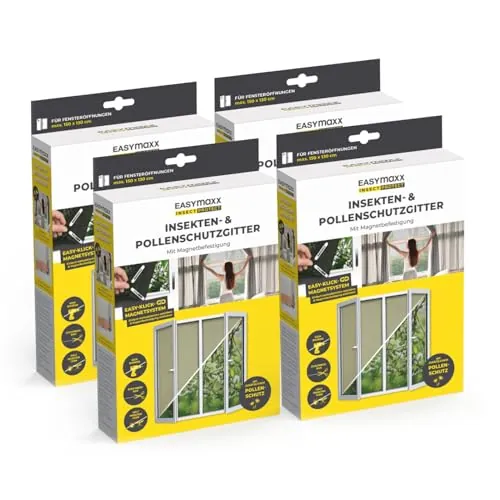 EASYmaxx Mosquitera antipolen para ventanas con Magic Click | Cortada a medida para todas las ventanas de hasta 150 x 130 cm | Fácil instalación con 12 imanes - sin taladrar ni atornillar [4 Piezas]