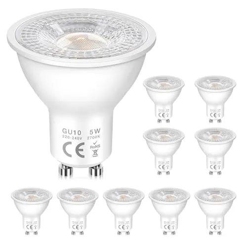 Bombillas LED GU10 Spot, Blanco Cálido 2700K, 5W Equivalente a 50W Halógenas, 500 Lúmenes, 120° Ángulo de Haz, Bajo Consumo, Focos, para Iluminación de Riel, Empotrada, No Regulable, Paquete de 10